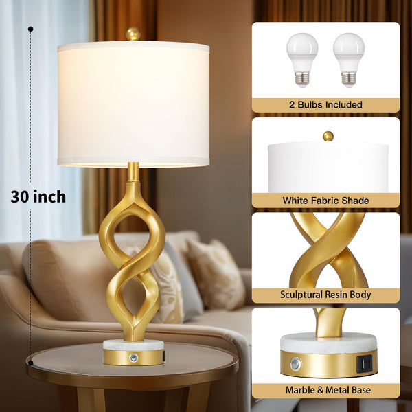 Gold Touch Control Table Lamp with USB Ports & LED Bulb