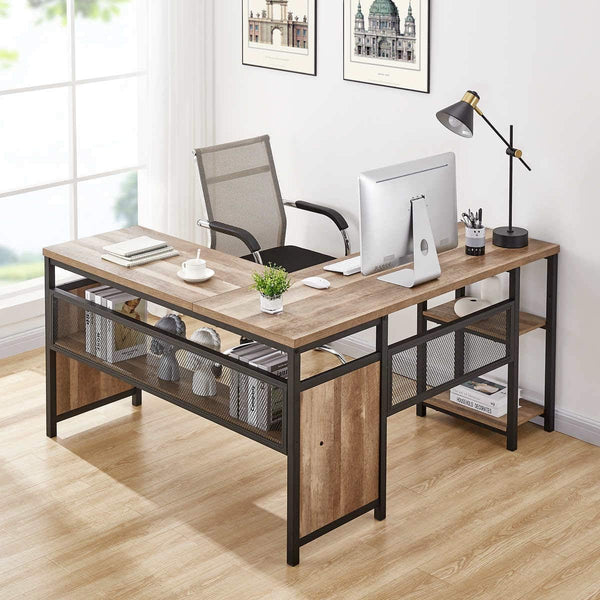 L-Shaped Computer Desk with Wood Shelves & Metal Legs, 59 Inch