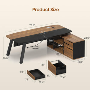 L-Shaped Executive Desk with File Cabinet & Power Outlets