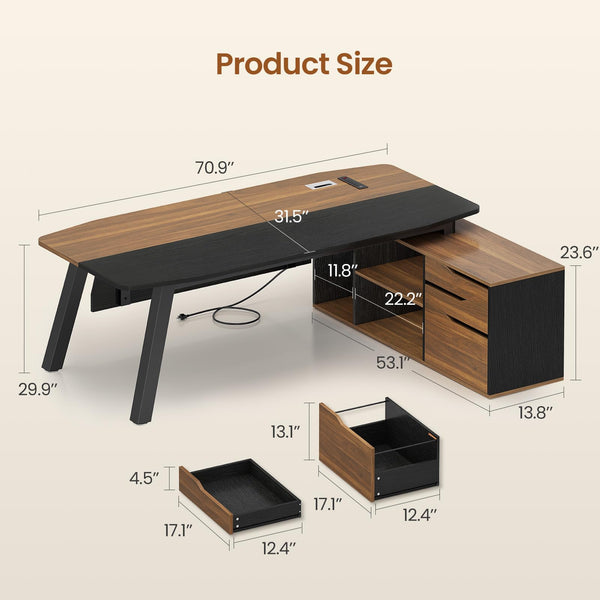 L-Shaped Executive Desk with File Cabinet & Power Outlets