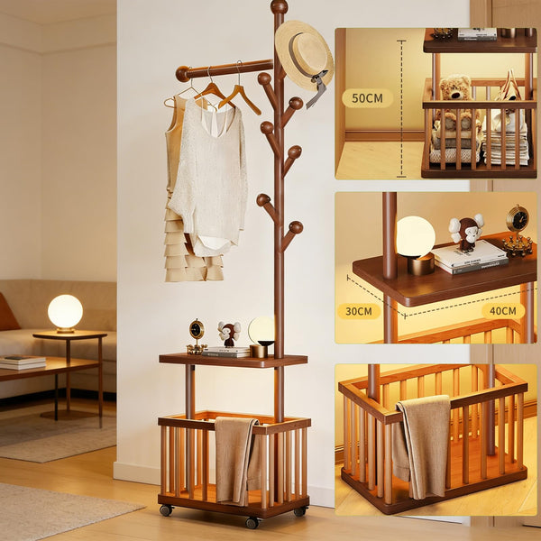 Solid Wood Coat Rack with Storage Baskets and Wheels
