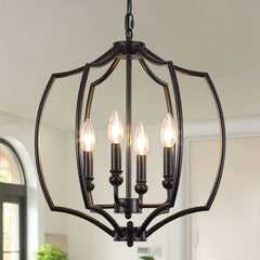 4-Light Black Farmhouse Lantern Chandelier with Geometric Cage