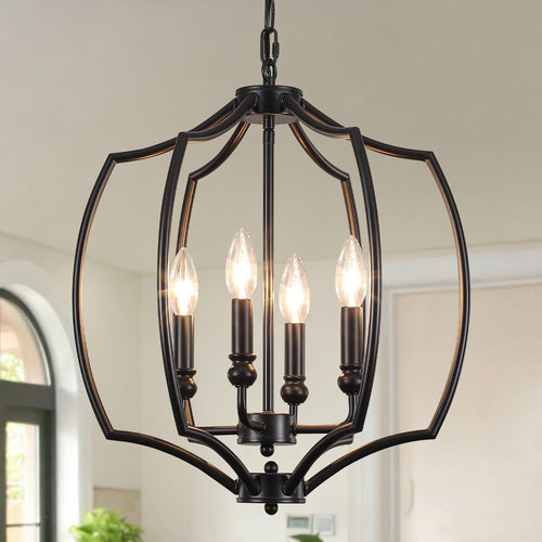 4-Light Black Farmhouse Lantern Chandelier with Geometric Cage