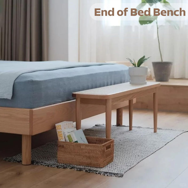 Solid Oak Wood Bench with Rattan Detail