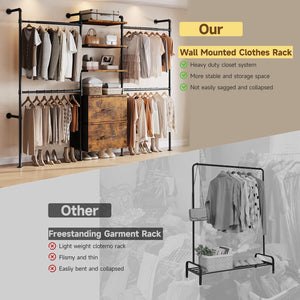 Wall Mounted Industrial Pipe Clothing Rack with Drawers & Shelves