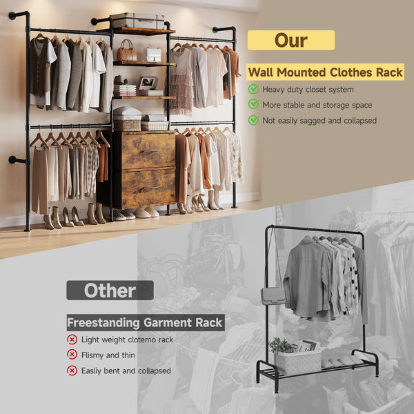 Wall Mounted Industrial Pipe Clothing Rack with Drawers & Shelves