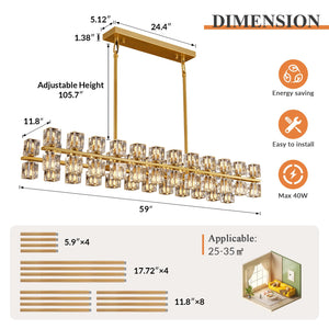 Gold K9 Crystal Rectangular Chandelier with Adjustable Height