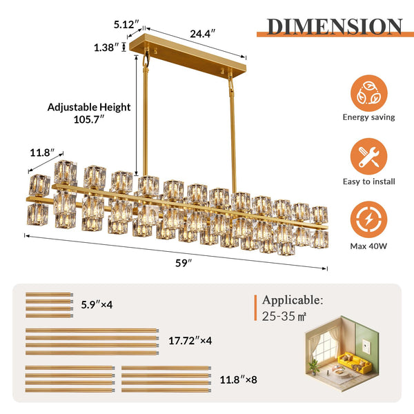 Gold K9 Crystal Rectangular Chandelier with Adjustable Height