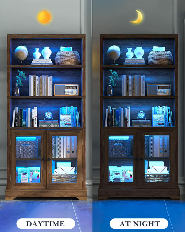 5-Tier Bookshelf with Ambient Lighting and Cabinet Doors