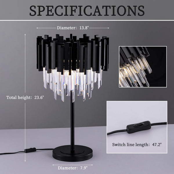 Black Crystal Table Lamp with Metal Base