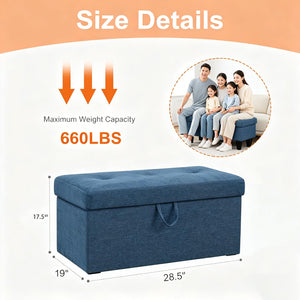 Storage Ottoman Bench – Dark Blue Linen, Solid Wood Frame