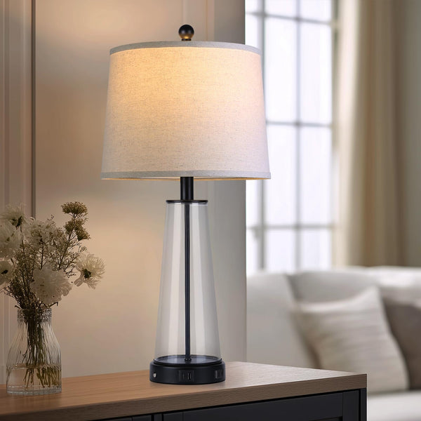 Glass Table Lamp Set of 2 with USB-C, USB-A & AC Outlet, 3-Way Touch Dimmable Bedside Lamp