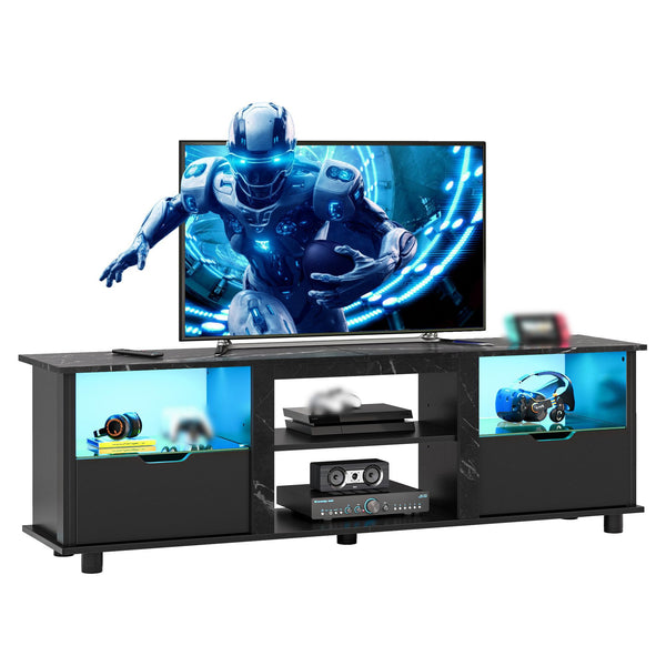 70" Gaming TV Stand with LED Lights, Drawers & Glass Shelves