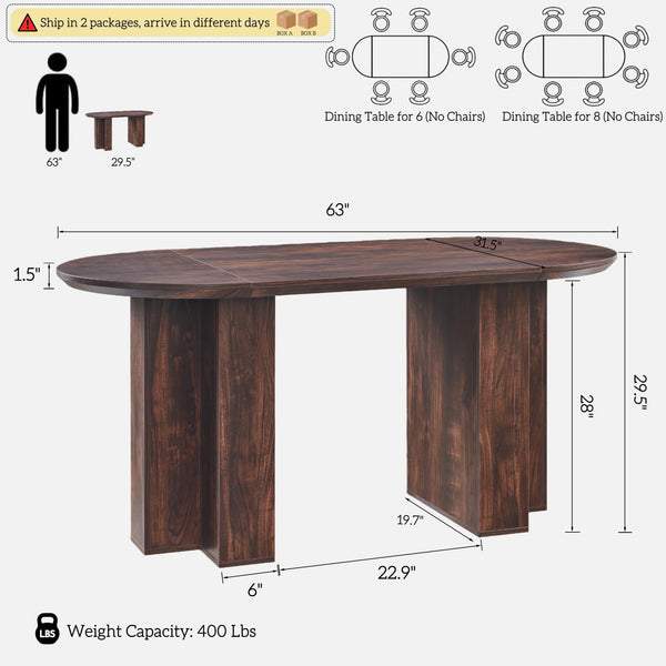 63" Oval Dining Table for 4-6 | Wood-Grain Top, T-Base, Dark Walnut