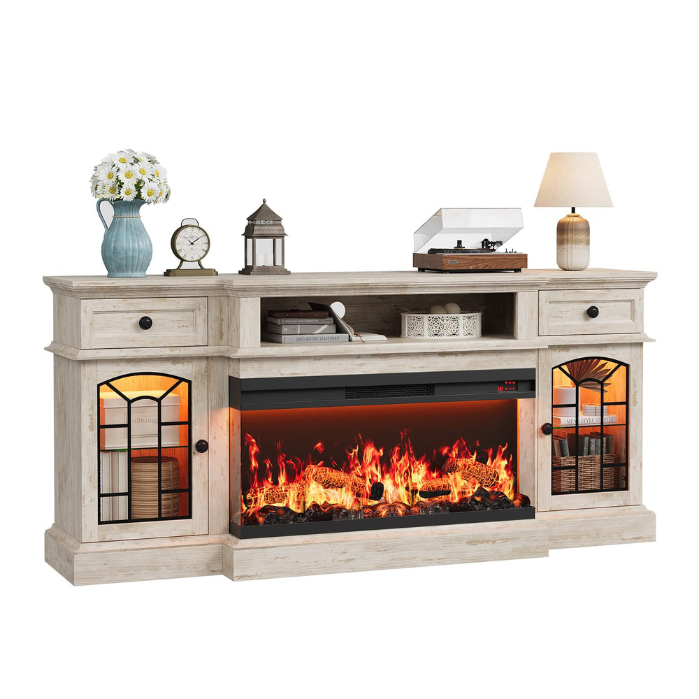 70" Electric Fireplace TV Stand with 3-Sided Glass Insert, Storage Cabinets & Open Shelf