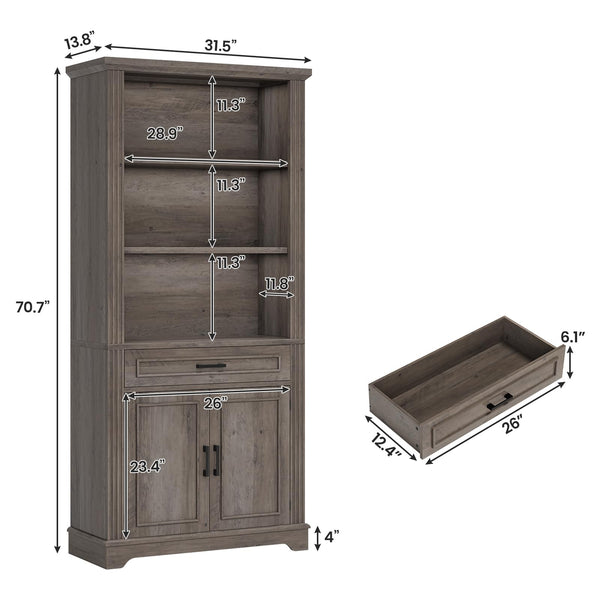 6-Tier Farmhouse Bookcase with Doors, Drawer & Adjustable Shelves – 70" Tall