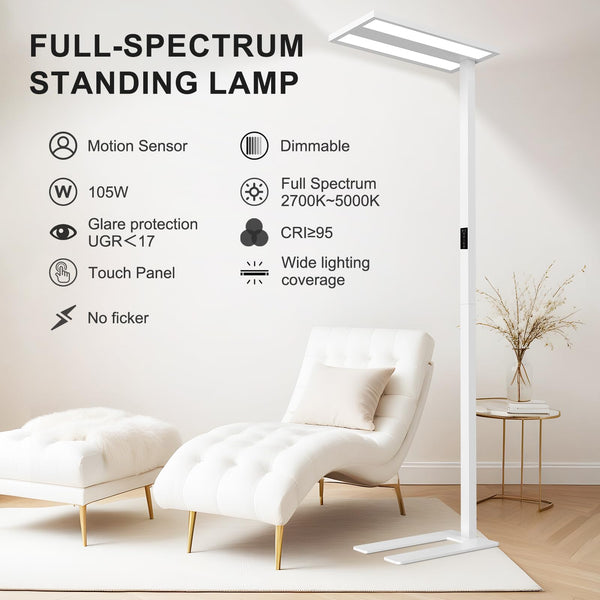 76" Motion Sensor Floor Lamp – 105W Dimmable LED, Full Spectrum, 8400LM