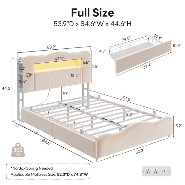 Full Upholstered LED Storage Bed with Charging Station