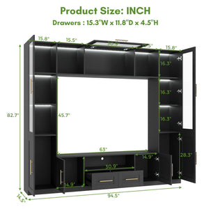 4-Piece Wall Unit TV Stand with LED Lights, Entertainment Center with Bookshelves & Bridge, Black