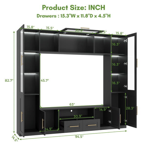 4-Piece Wall Unit TV Stand with LED Lights, Entertainment Center with Bookshelves & Bridge, Black