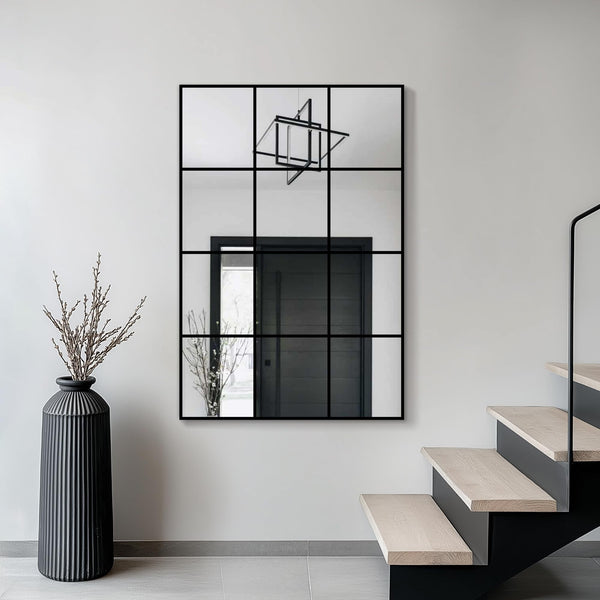 Windowpane Grid Wall Mirror – Black Metal Frame