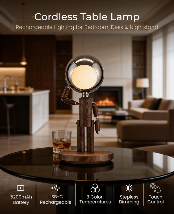 Cordless Rechargeable Wooden Table Lamp with Touch Control & Dimming