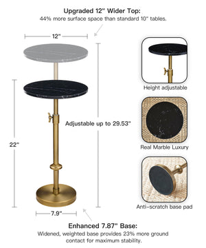 Adjustable Height Marble Side Table with Pedestal Stand