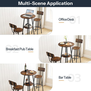 3-Piece Industrial Bar Table & Stools Set — Round Pub Table with 2 Bar Chairs