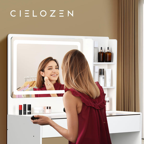 Vanity Desk with Mirror, LED Lights, 2 Drawers & Power Outlet