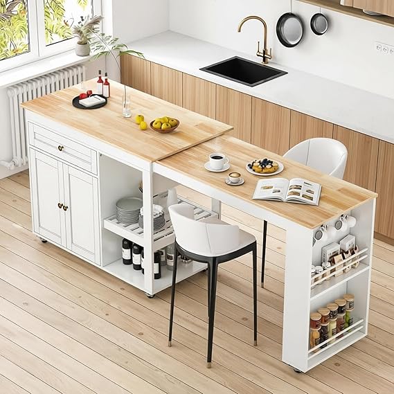 Extendable Rolling Kitchen Island with Dining Table