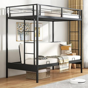 Twin Over Twin Futon Bunk Bed with Ladders & Guardrails