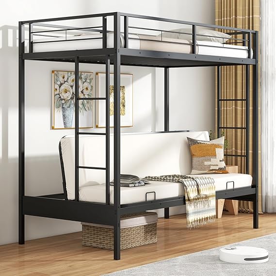 Twin Over Twin Futon Bunk Bed with Ladders & Guardrails