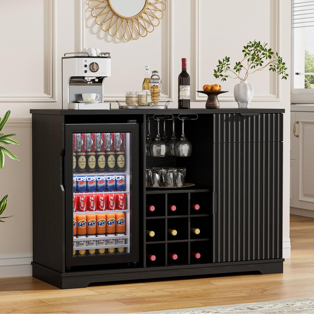 Coffee Bar Cabinet with Mini Fridge, Wine Rack & Glass Holder – Fluted Black
