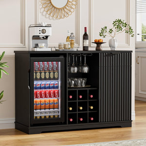 Coffee Bar Cabinet with Mini Fridge, Wine Rack & Glass Holder – Fluted Black