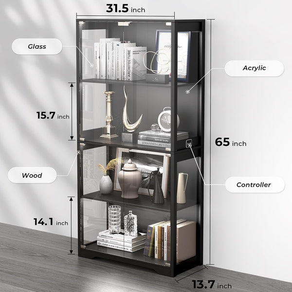 4-Tier Glass Display Cabinet with LED Lights & Motion Sensor