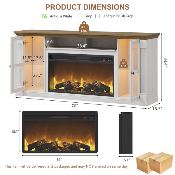 70" Farmhouse TV Stand with 36" Electric Fireplace & LED Lights