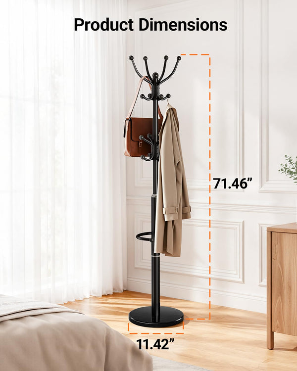 Freestanding Coat Rack with Marble Base & 16 Hooks