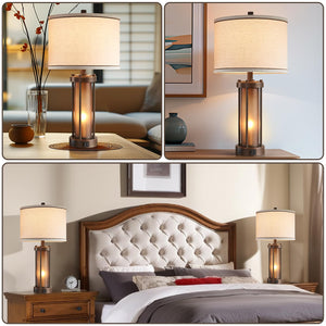 Farmhouse Table Lamps Set of 2 with USB Charging Ports & Amber Glass Nightlight