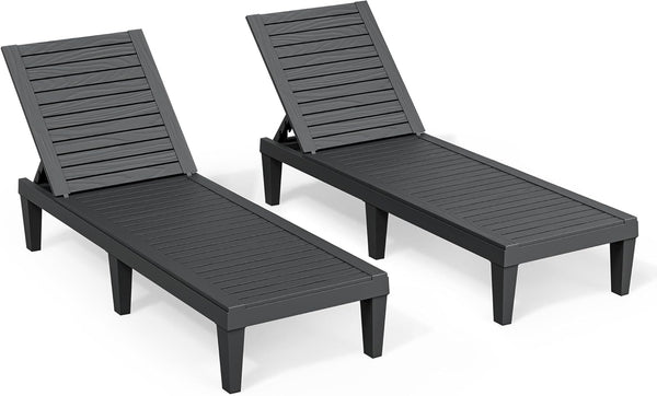 Outdoor Chaise Lounge Chairs with Adjustable Backrest – All-Weather Resin, Wood Texture