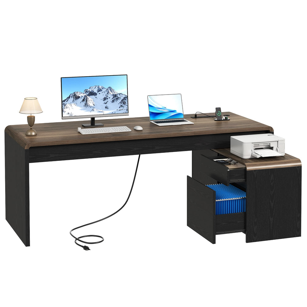 Homiflex 78.7 Inch Large L Shaped Desk with Drawers Executive Desk with File Cabinet Power Outlets Modern Office Desk L Shape with Storage Heavy Duty Computer Desk, Black and Walnut