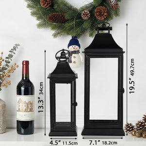 Black Metal Candle Lantern Set of 2 with Glass Panels