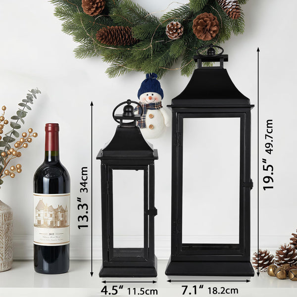 Black Metal Candle Lantern Set of 2 with Glass Panels