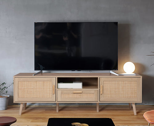 59-Inch Boho Rattan TV Stand with Storage