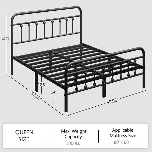 Victorian Metal Platform Bed Frame with Headboard & Footboard