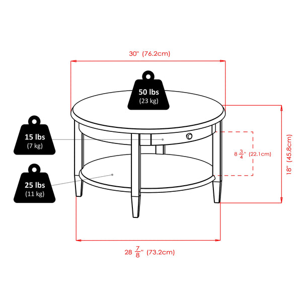Round Coffee Table with Storage Drawer and Shelf