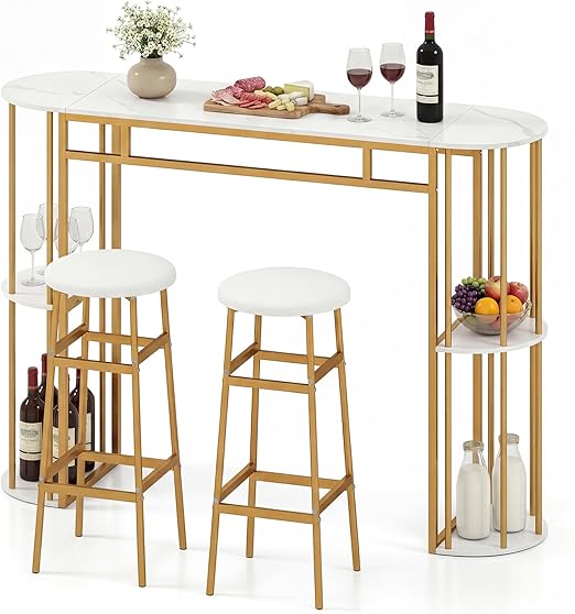 Bar Table Set for 2 with Storage Shelves & Barstools