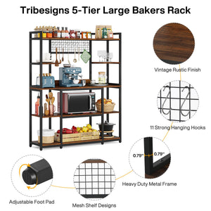 55" Wide 5-Tier Baker's Rack with Hutch & 11 Hooks