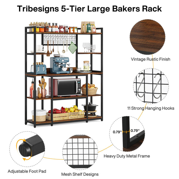 55" Wide 5-Tier Baker's Rack with Hutch & 11 Hooks