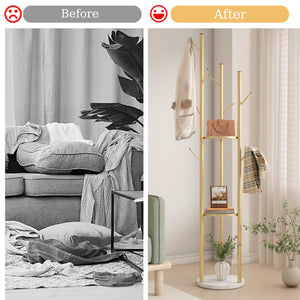Gold Metal Coat Rack with Shelves & Marble Base