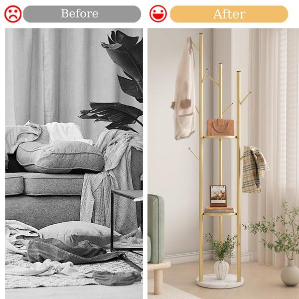 Gold Metal Coat Rack with Shelves & Marble Base